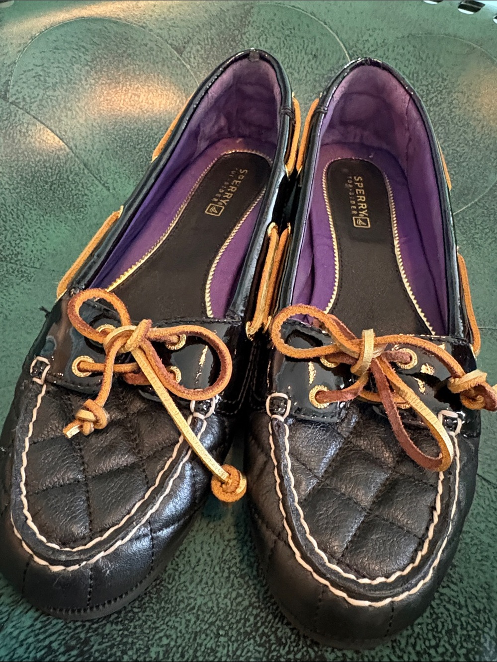Sperry Black Quilted Leather Moccasins with Tan Laces size 8